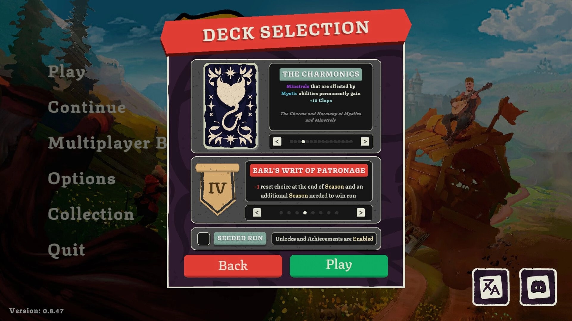 Fame Or Folly: Deck selection menu choosing The Charmonics and Earl's Writ over painted kingdom map.
