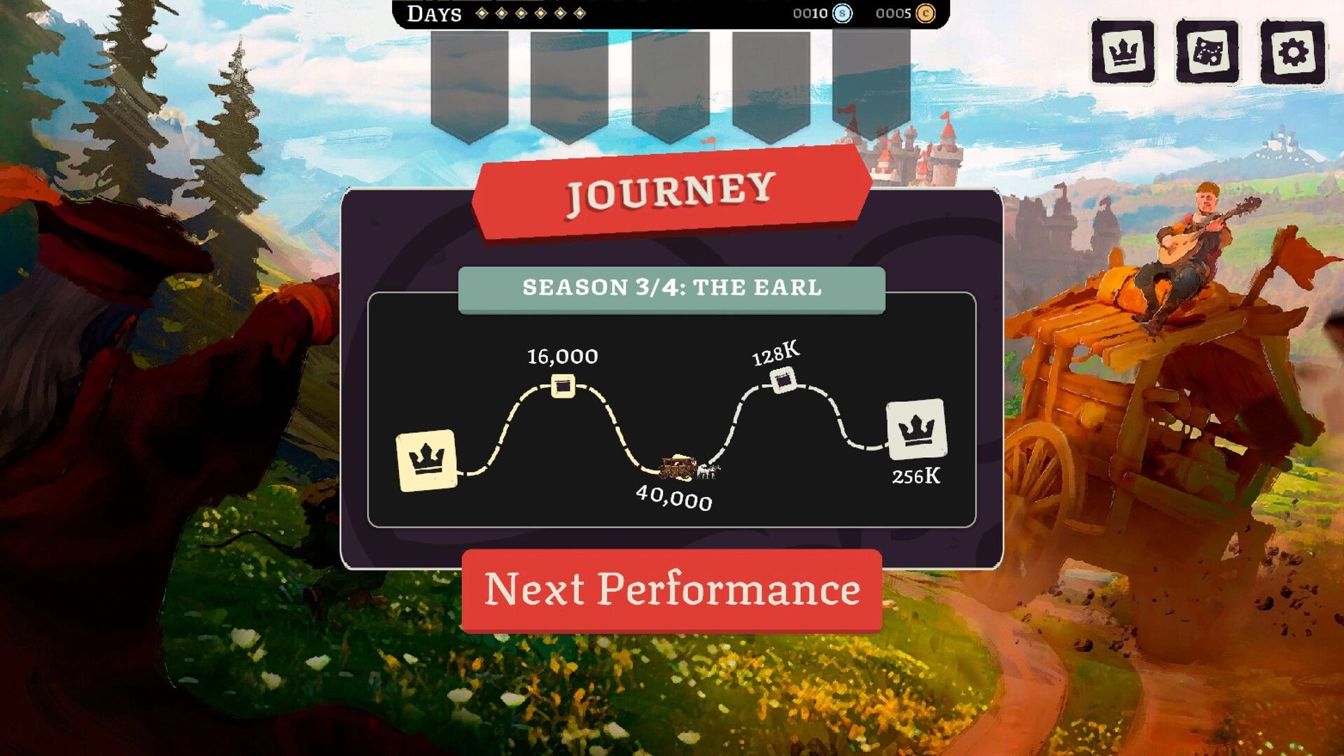 Fame Or Folly: Journey map menu for Season 3/4 The Earl with score nodes and Next Performance button.