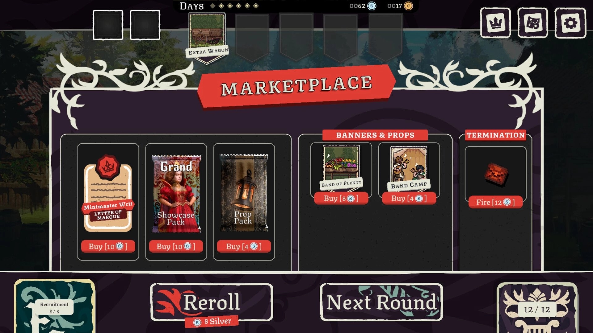 Fame Or Folly: Marketplace shop menu with cards and banners for sale, reroll and next round buttons.