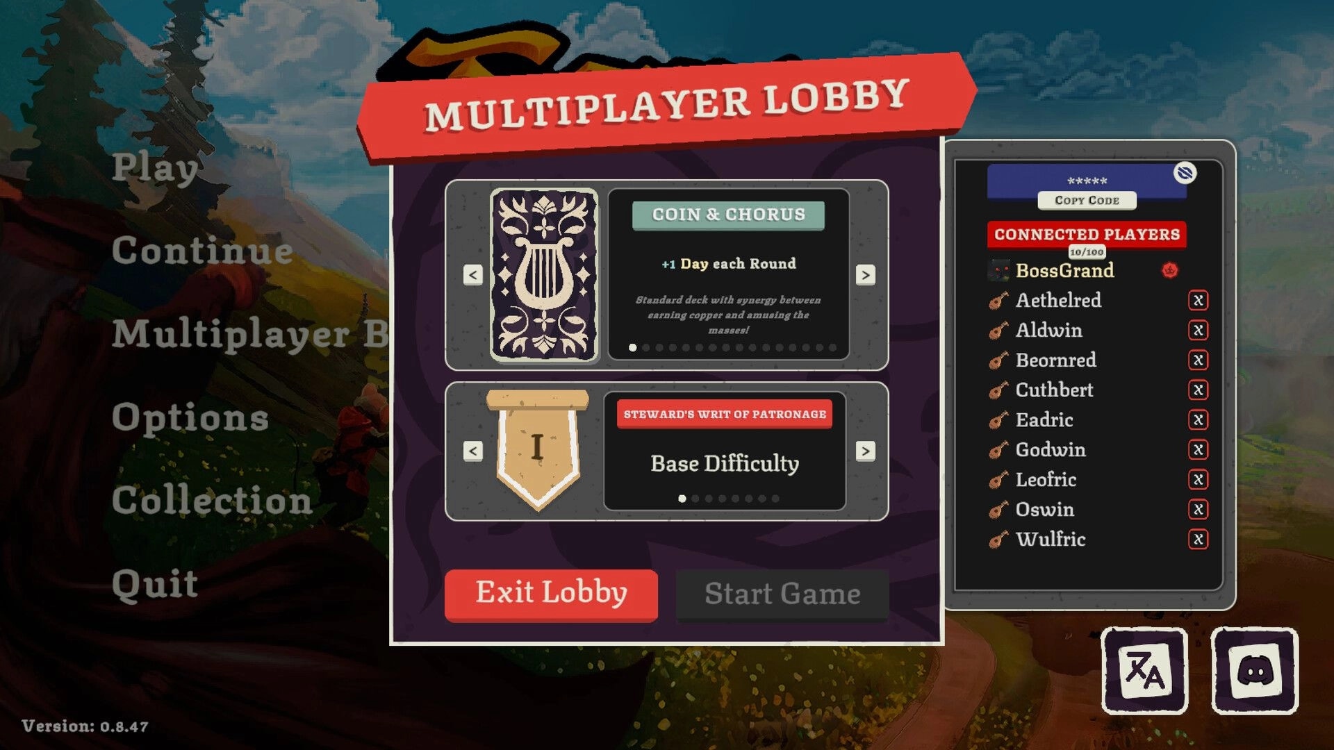 Fame Or Folly: Multiplayer lobby deck and difficulty selection with connected players list over main menu.