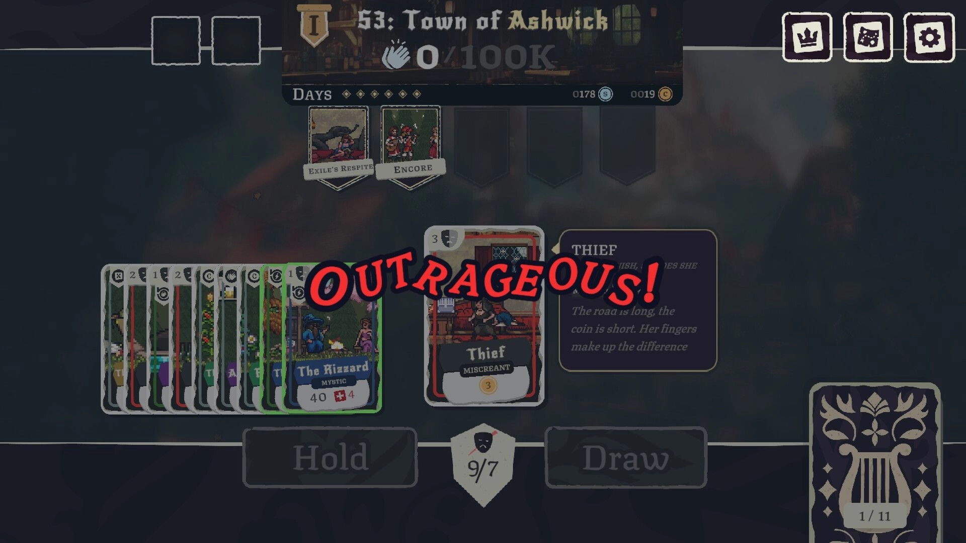 Fame Or Folly: Outrageous crowd alert over deckbuilder hand and Thief card in Town of Ashwick UI.