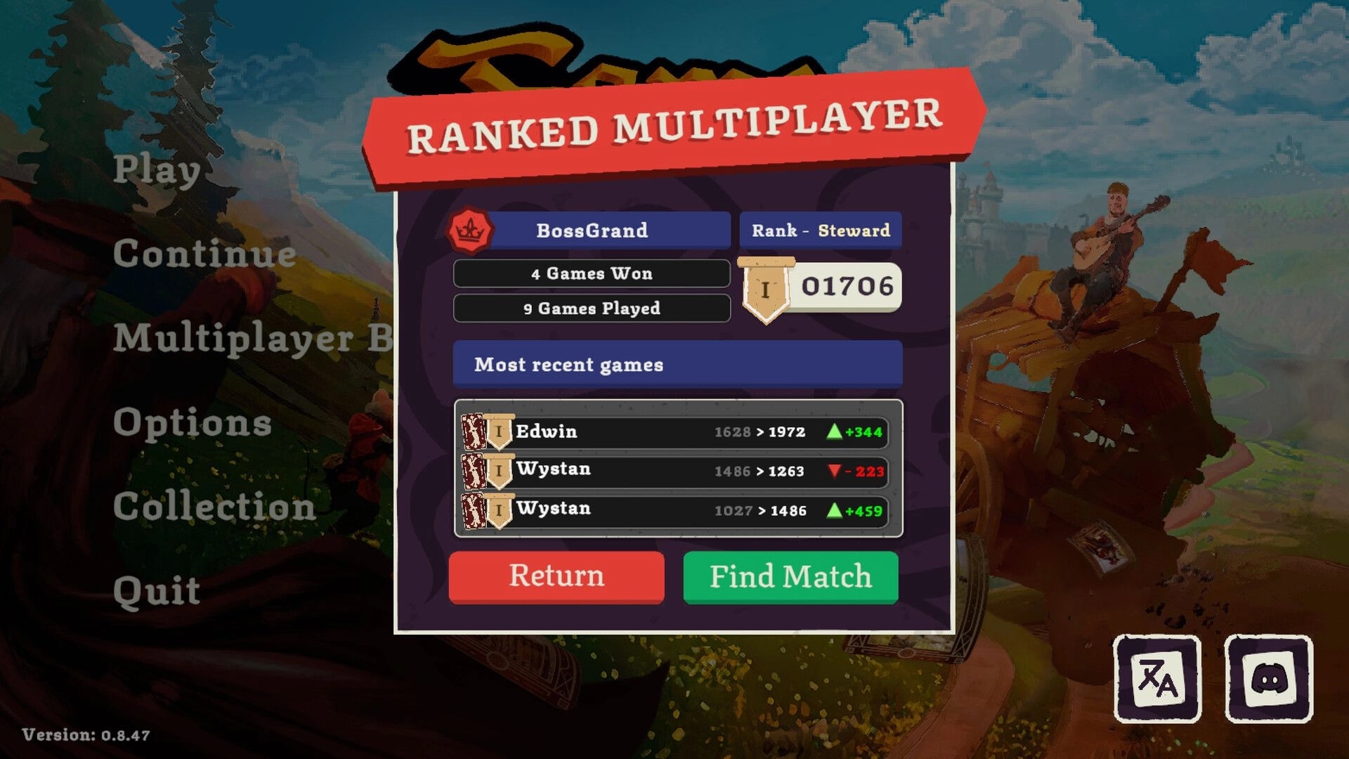 Fame Or Folly: Ranked multiplayer profile screen with stats and match history over main menu backdrop.