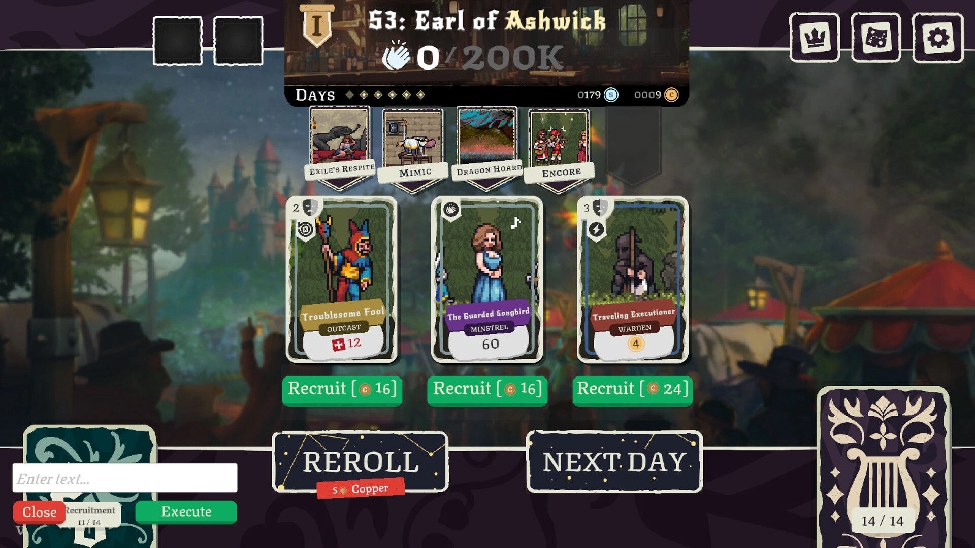 Fame Or Folly: Recruitment shop with three character cards and reroll/next day buttons over fairground map.