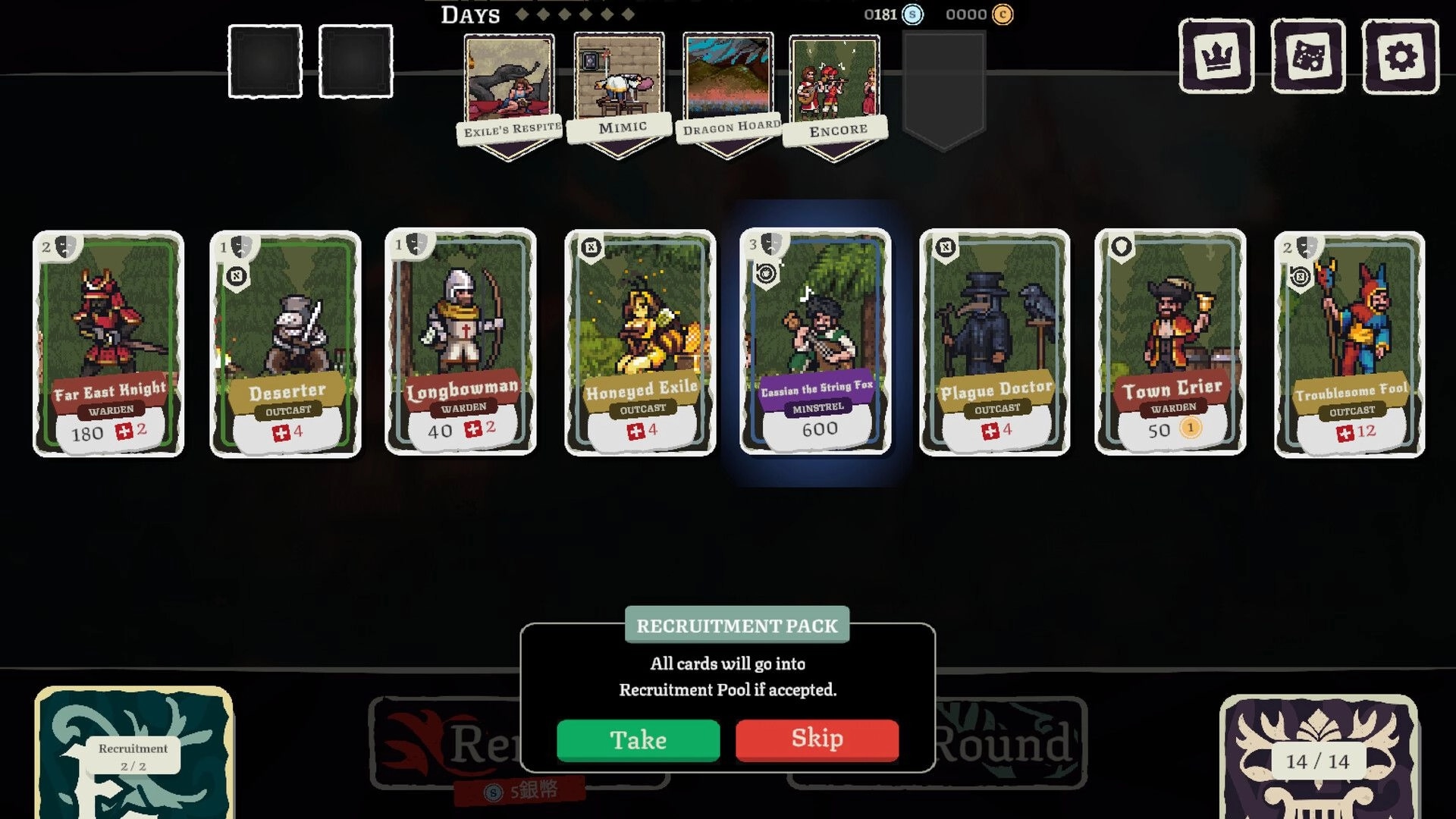 Fame Or Folly: Recruitment pack card draft with eight character cards and Take/Skip popup menu.
