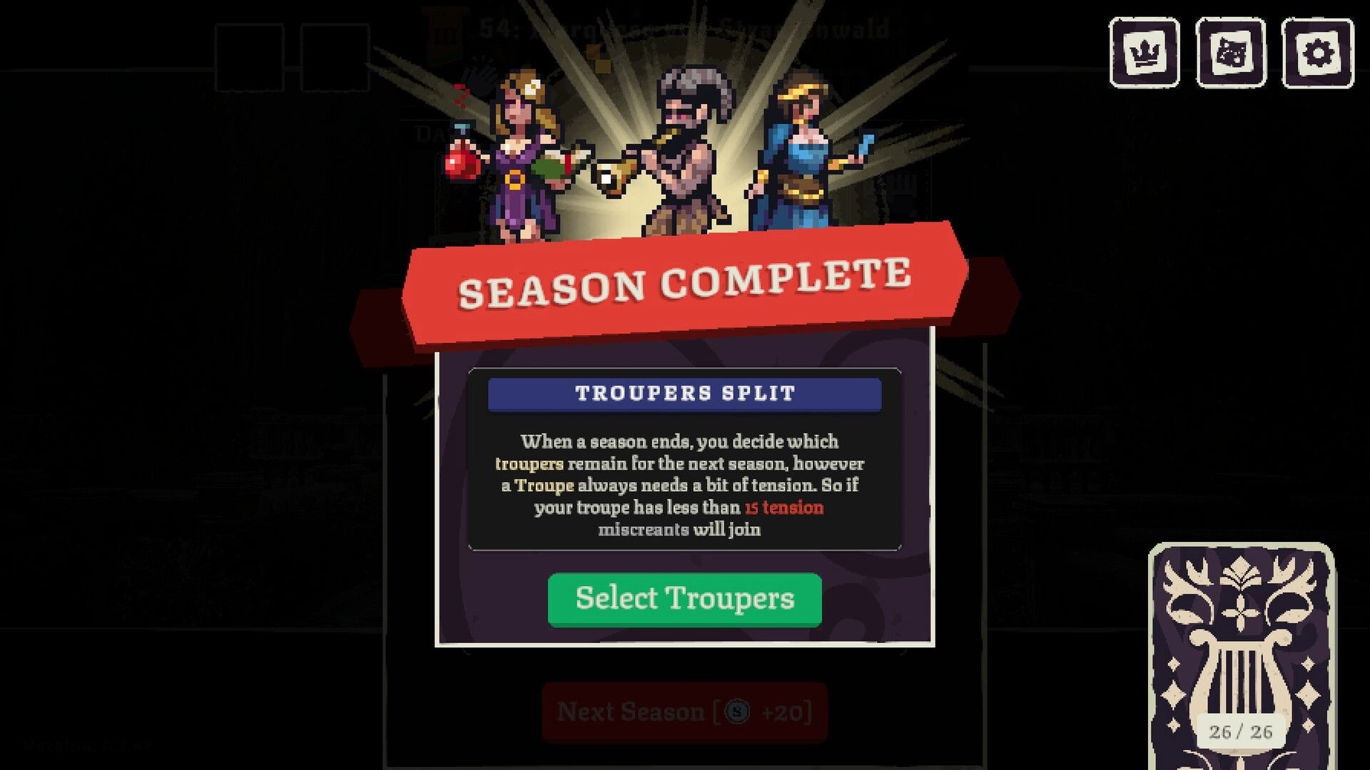 Fame Or Folly: Season Complete popup with Troupers Split text and Select Troupers button on stage UI.