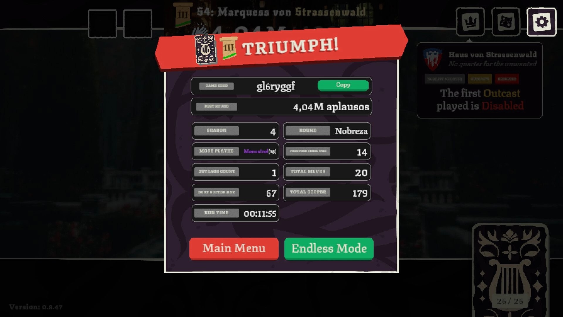 Fame Or Folly: Triumph results screen with applause stats, season info, and Main Menu/Endless Mode buttons.
