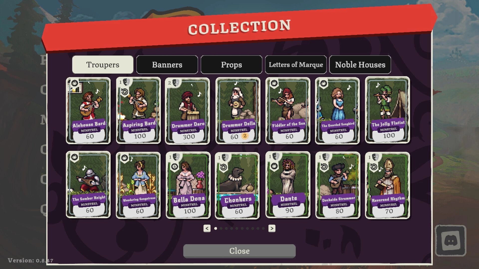 Fame Or Folly: Collection menu with Trouper cards grid, tabs for Banners and Props above.