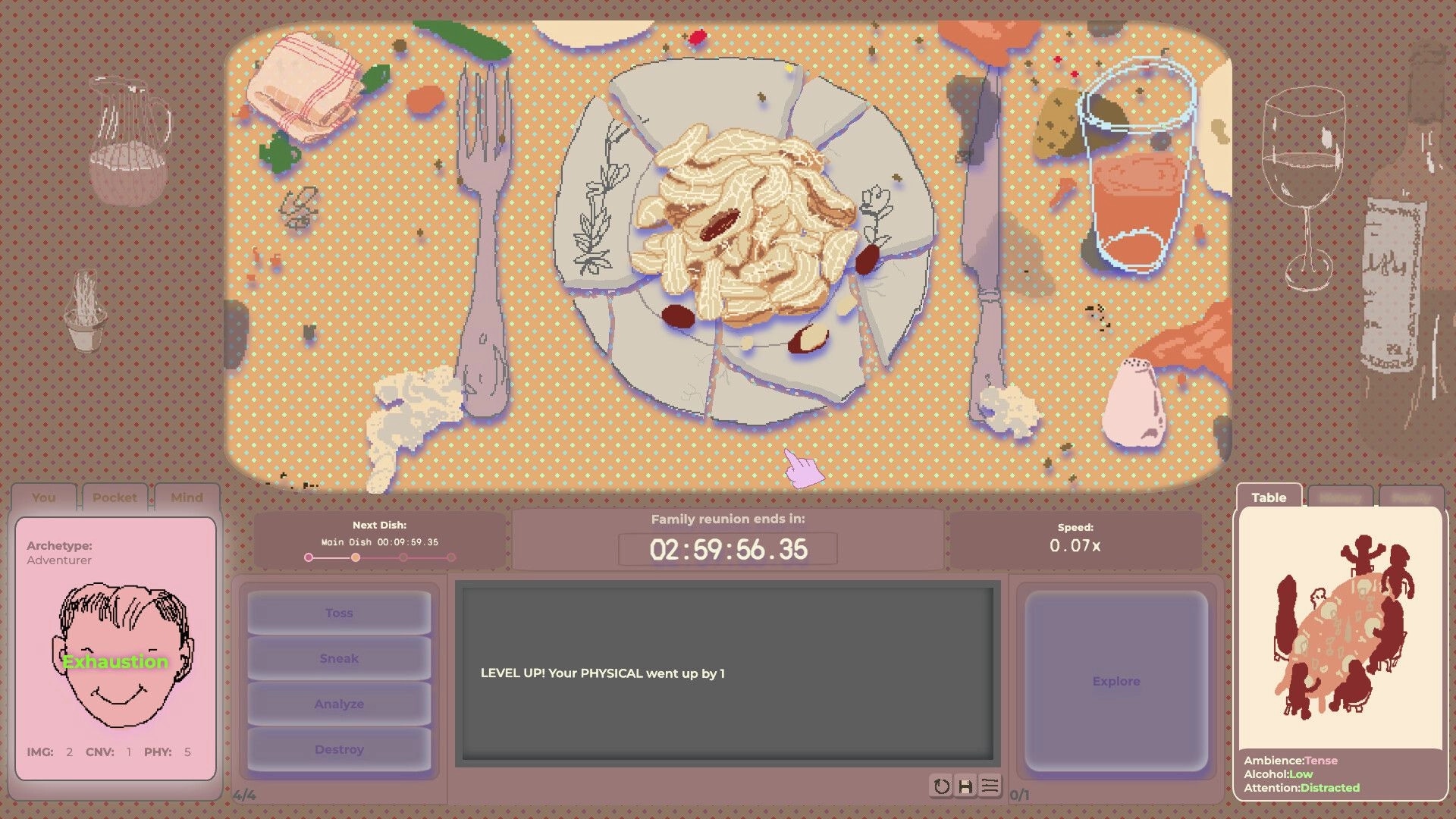 Family Reunion: Dinner table UI with messy plate, timer countdown, and exhausted child stats panel.