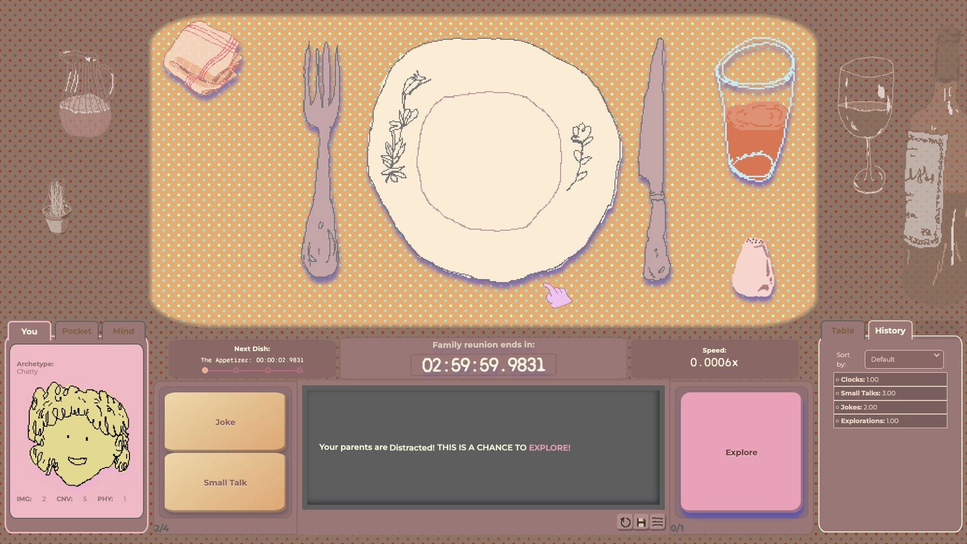 Family Reunion: Dinner table place setting UI with timer, joke and explore buttons, history panel.