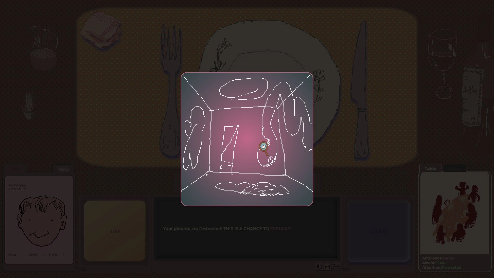 Family Reunion: Hand-drawn room map popup over dinner table UI with toss and explore buttons visible.