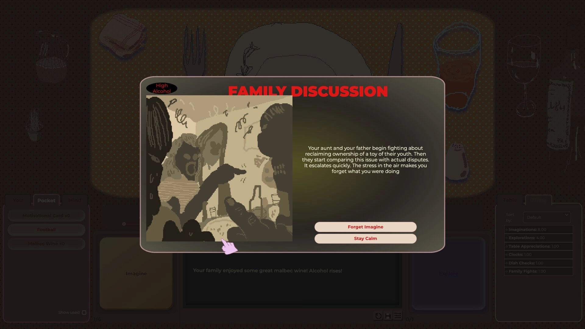Family Reunion: Family Discussion event popup with argument art and Forget Imagine/Stay Calm buttons at table.