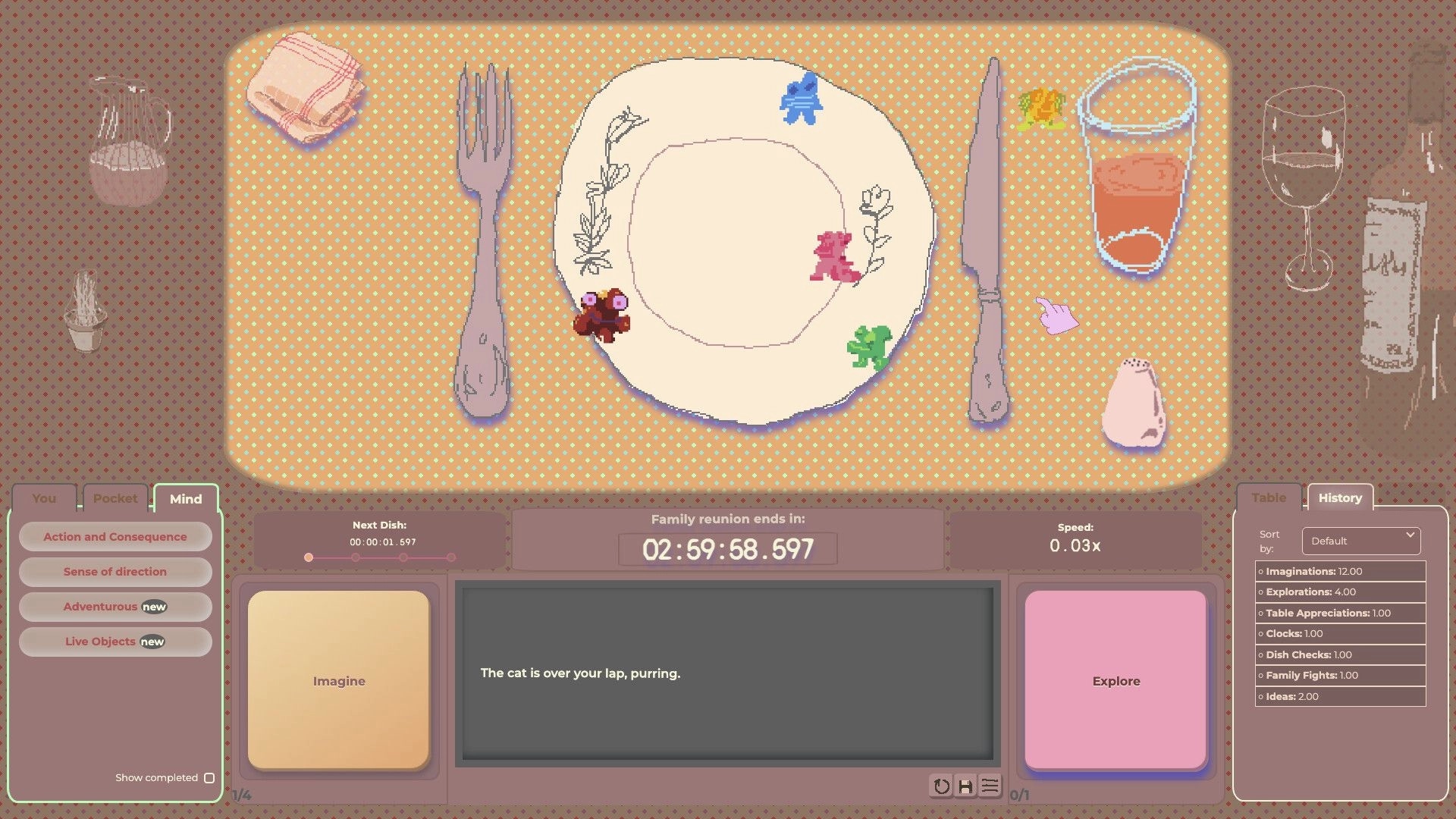 Family Reunion: Dinner place setting with empty plate and timer UI, mind tab with Imagine/Explore buttons.