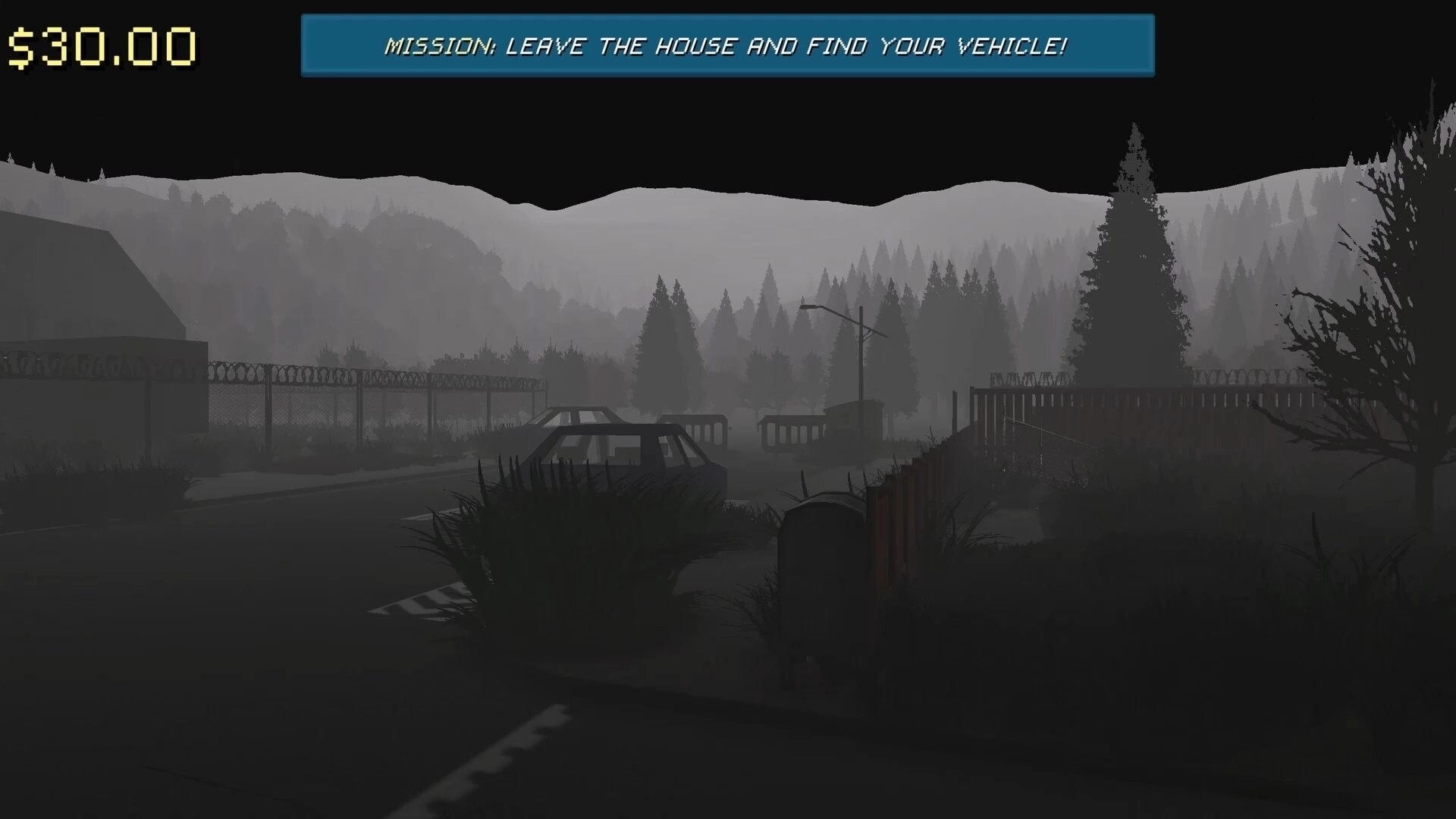 Famished: Oatmeal navigates an eerie, foggy road in decaying Kansas town; mission prompt displayed