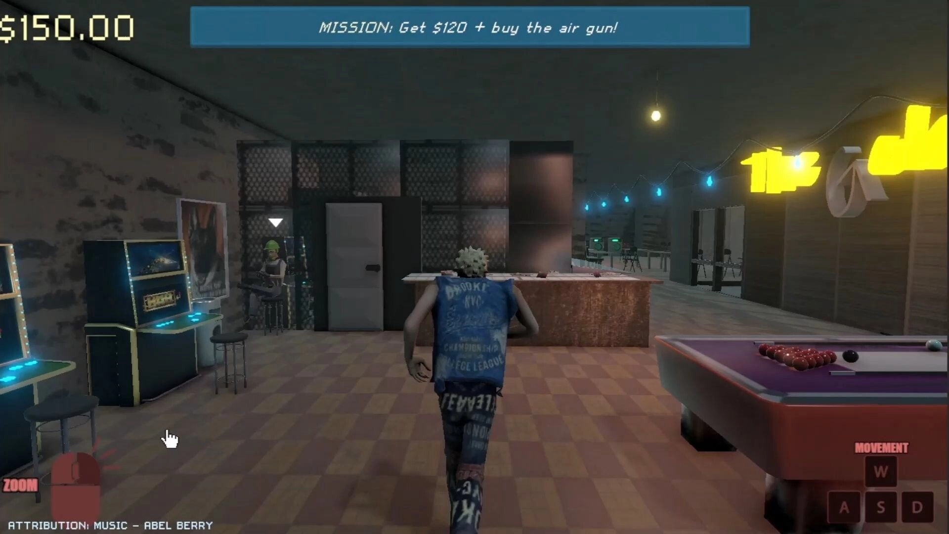 Famished: Oatmeal runs through a dim arcade with a mission to earn money for an air gun in Kansas town.