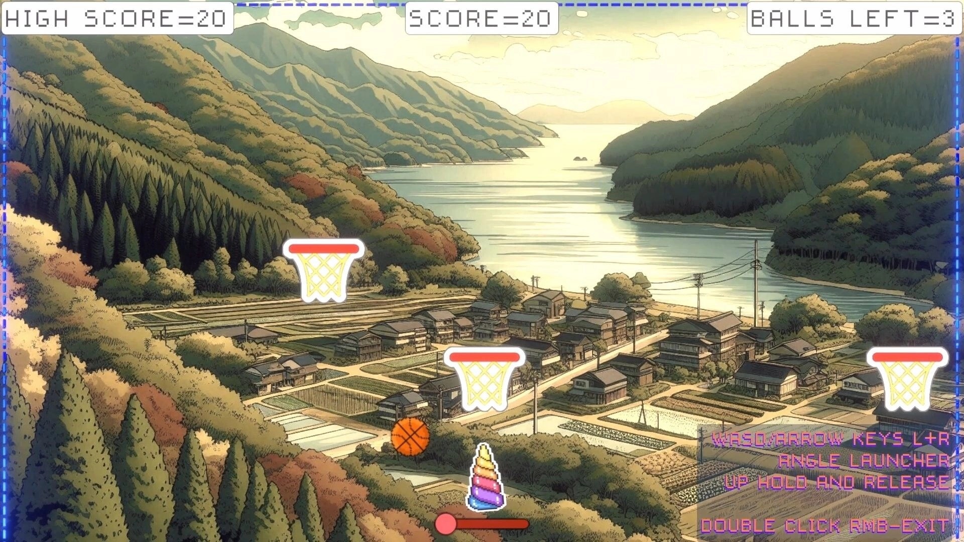 Famished: Arcade-style mini-game with basketball hoops over a serene, rural valley landscape