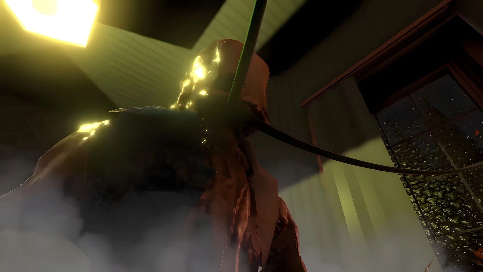 Famished: Glowing figure with scythe in dimly lit room, eerie atmosphere with fog and shadows