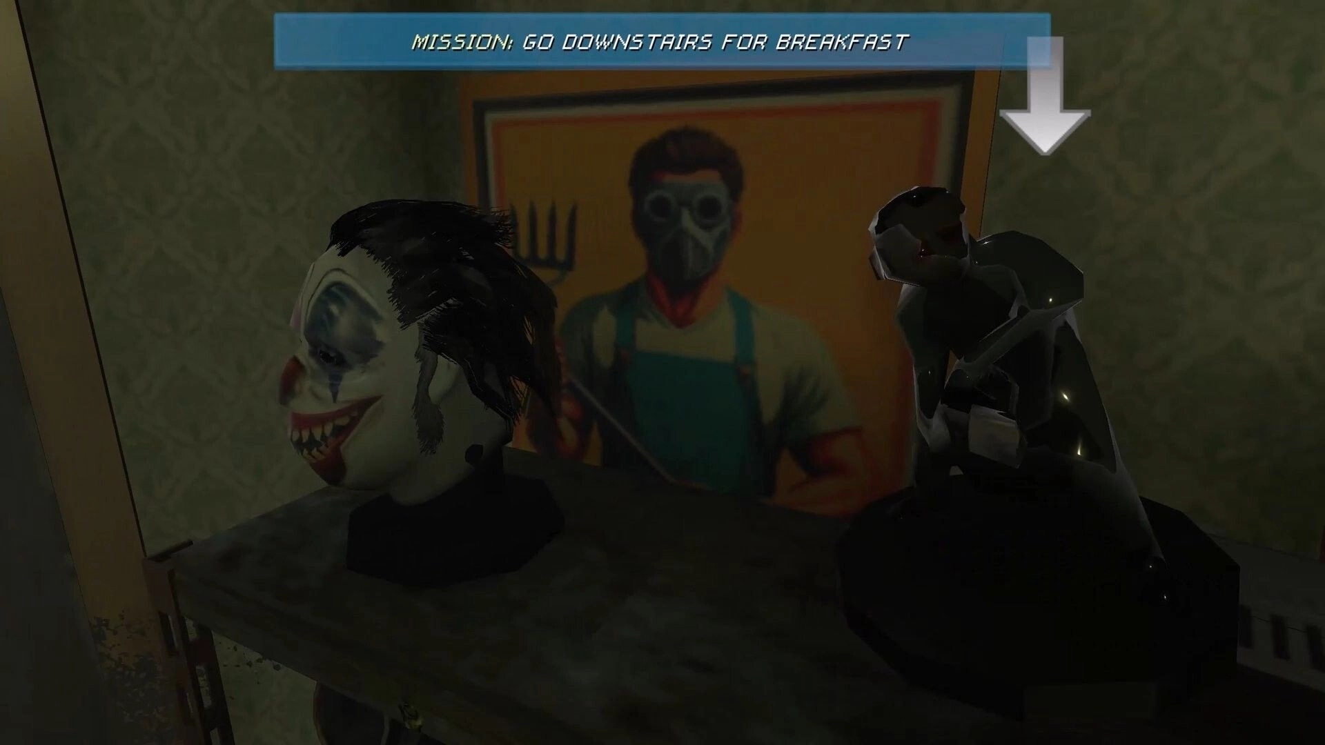 Famished: Clown mask and figurine on shelf; mission prompt above in eerie room with unsettling decor