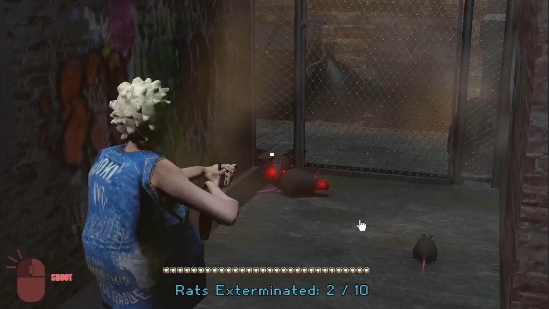 Famished: Oatmeal exterminates glowing-eyed rats in a dark alley with a chain-link fence.