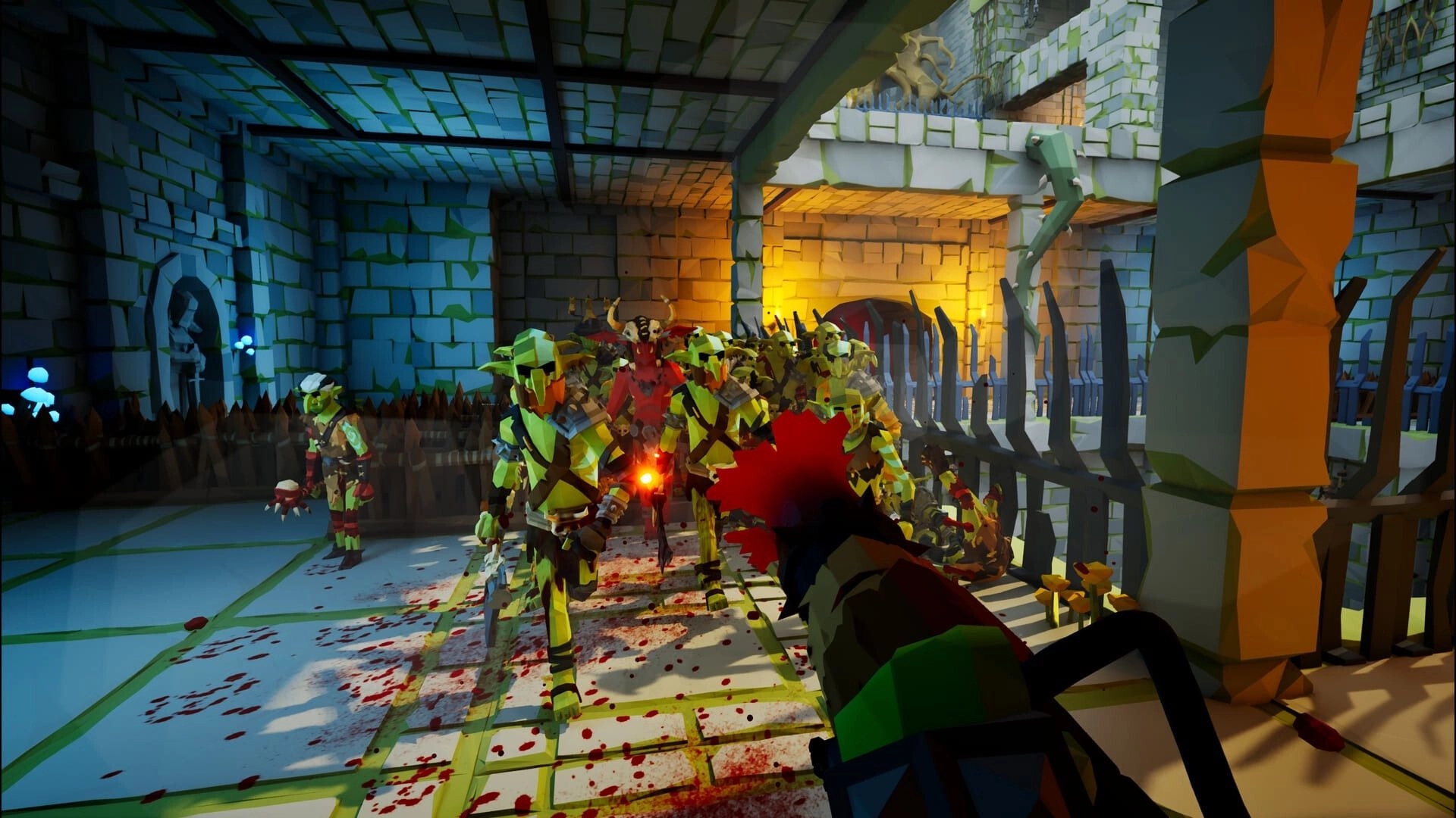 Fangstorm: First-person melee facing a goblin horde in a torchlit stone corridor with spike traps.