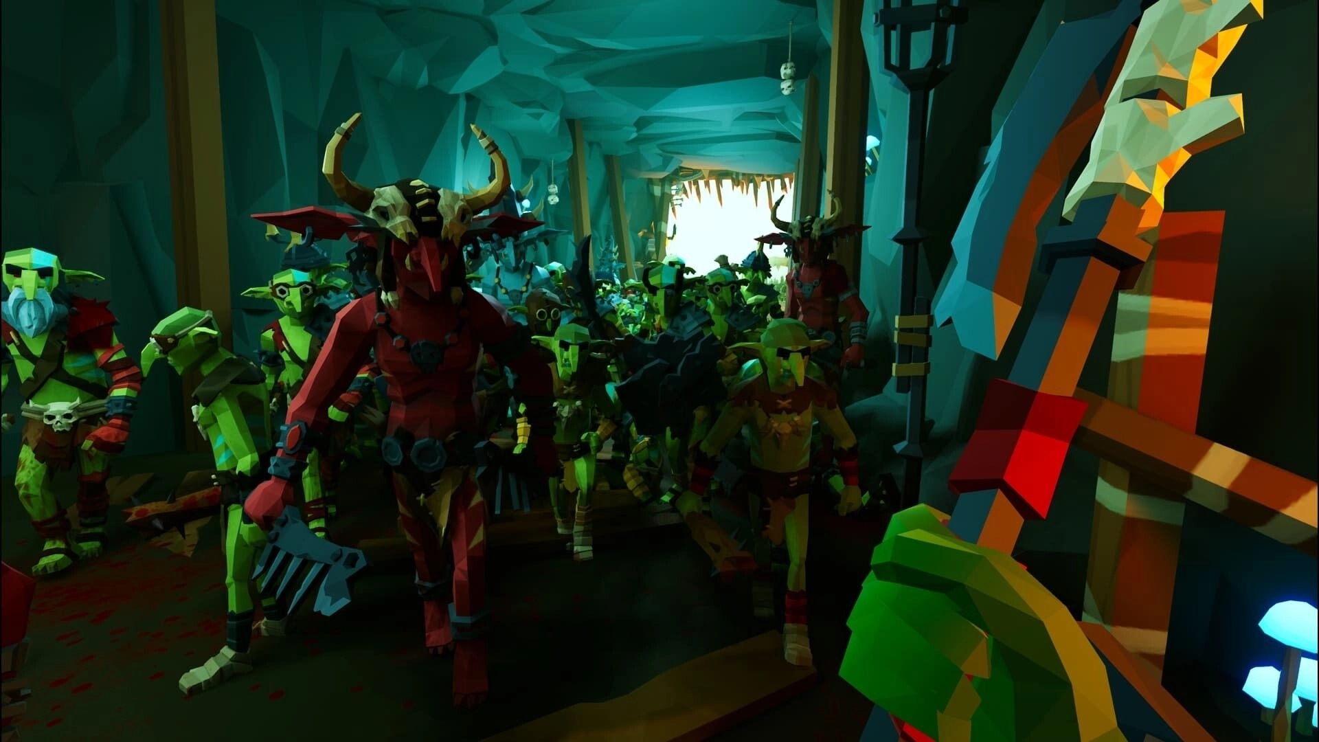 Fangstorm: First-person view of a horned demon and goblin horde charging through a cave tunnel.