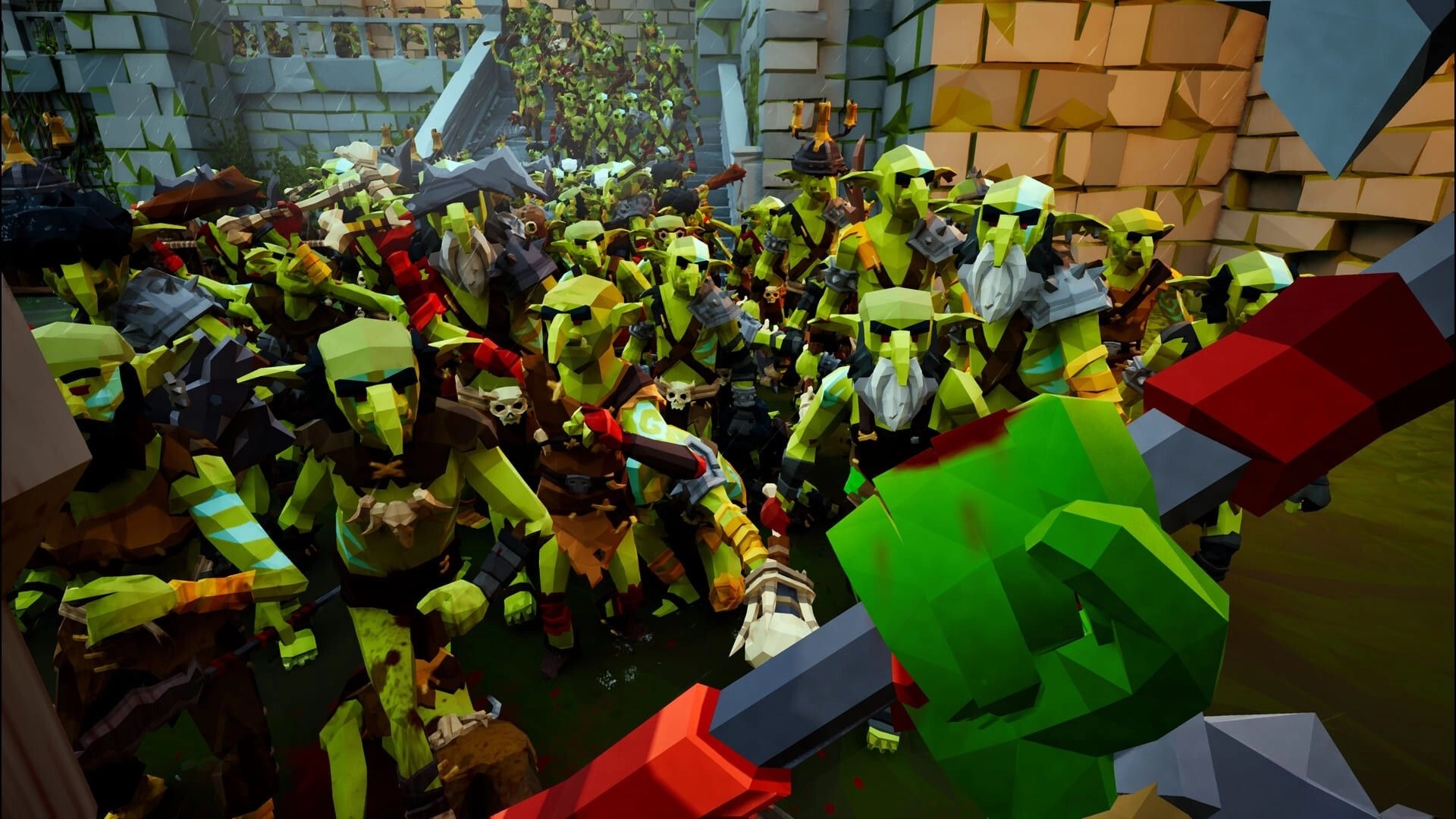 Fangstorm: First-person melee as a red hammer swings into a packed goblin horde in stone courtyard.