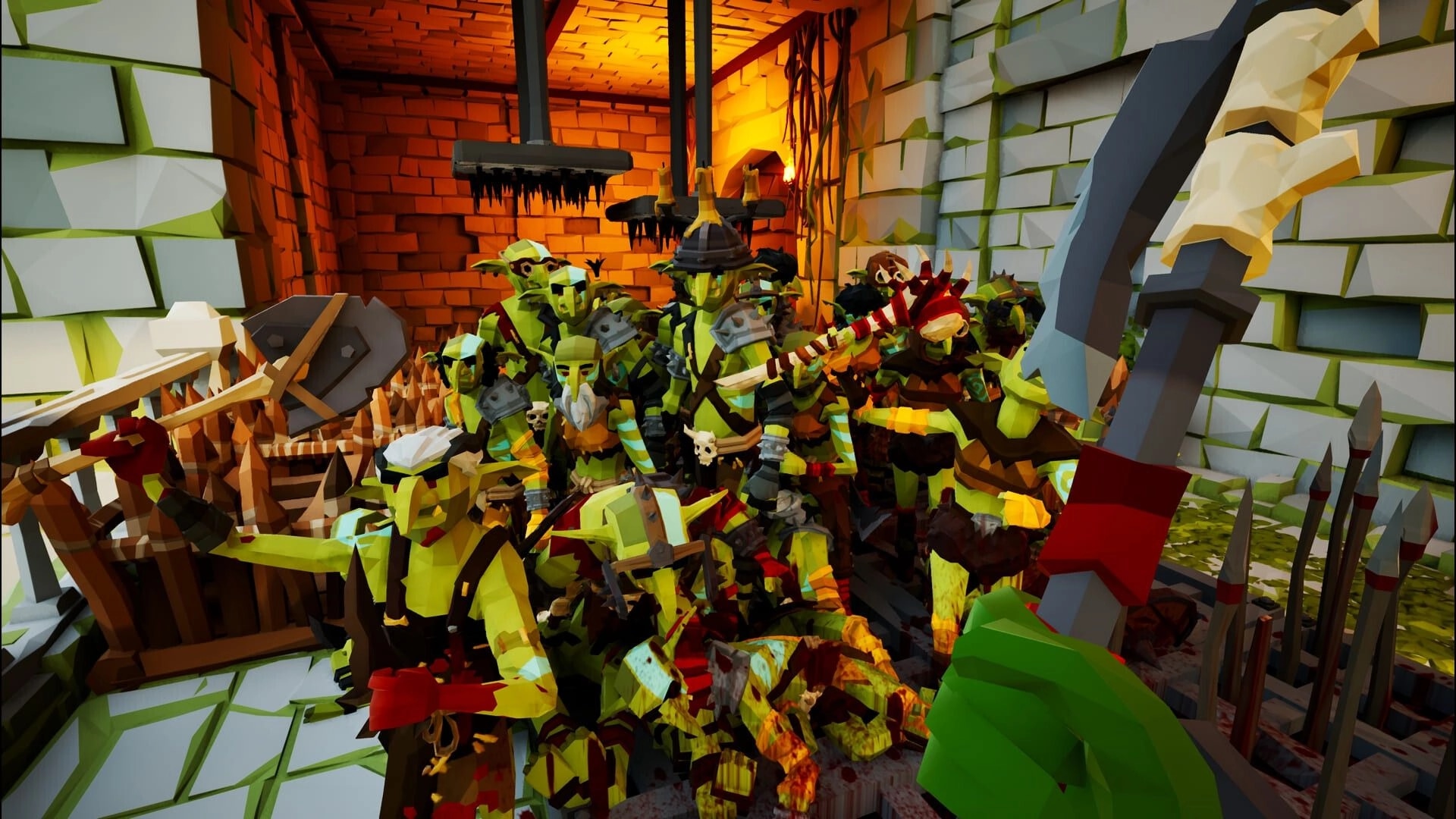 Fangstorm: First-person sword fight against a packed goblin mob in a spiked stone corridor trap room.
