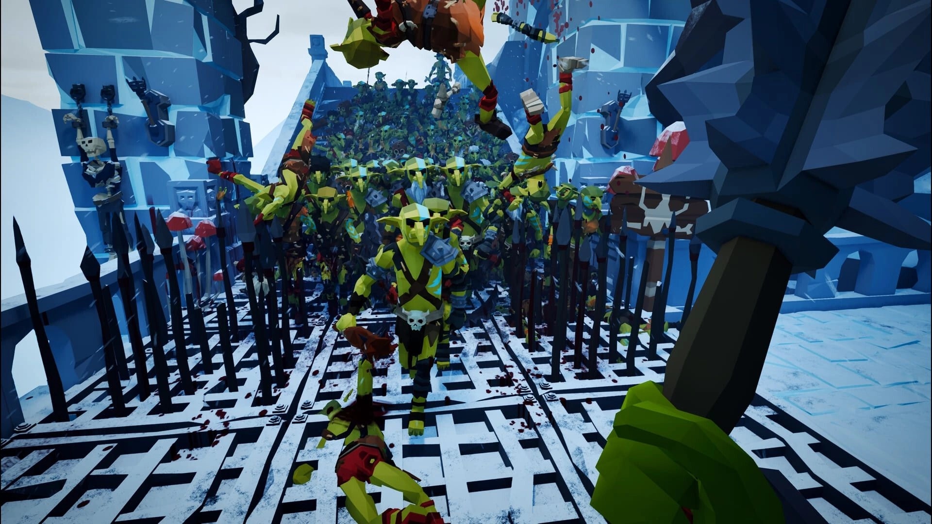 Fangstorm: First-person sword raised as goblins charge through spike traps in icy blue canyon corridor.