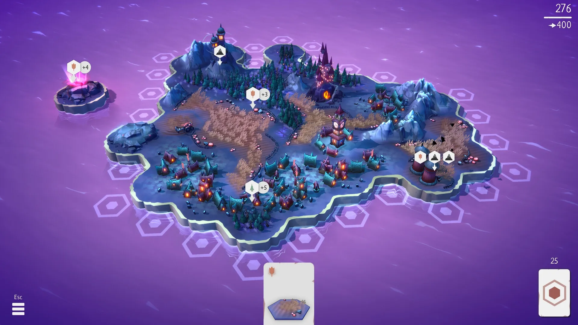 Fangtopia: Island overview with eerie landmarks, resource icons, and hexagonal grid on purple water background.