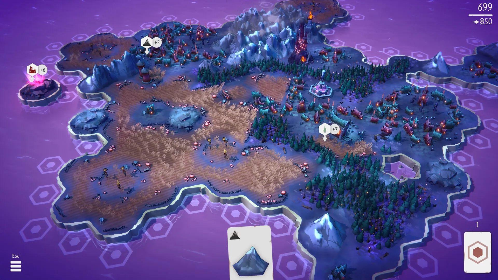 Fangtopia: Overhead view of spooky island with mountains, forests, and UI elements showing resources