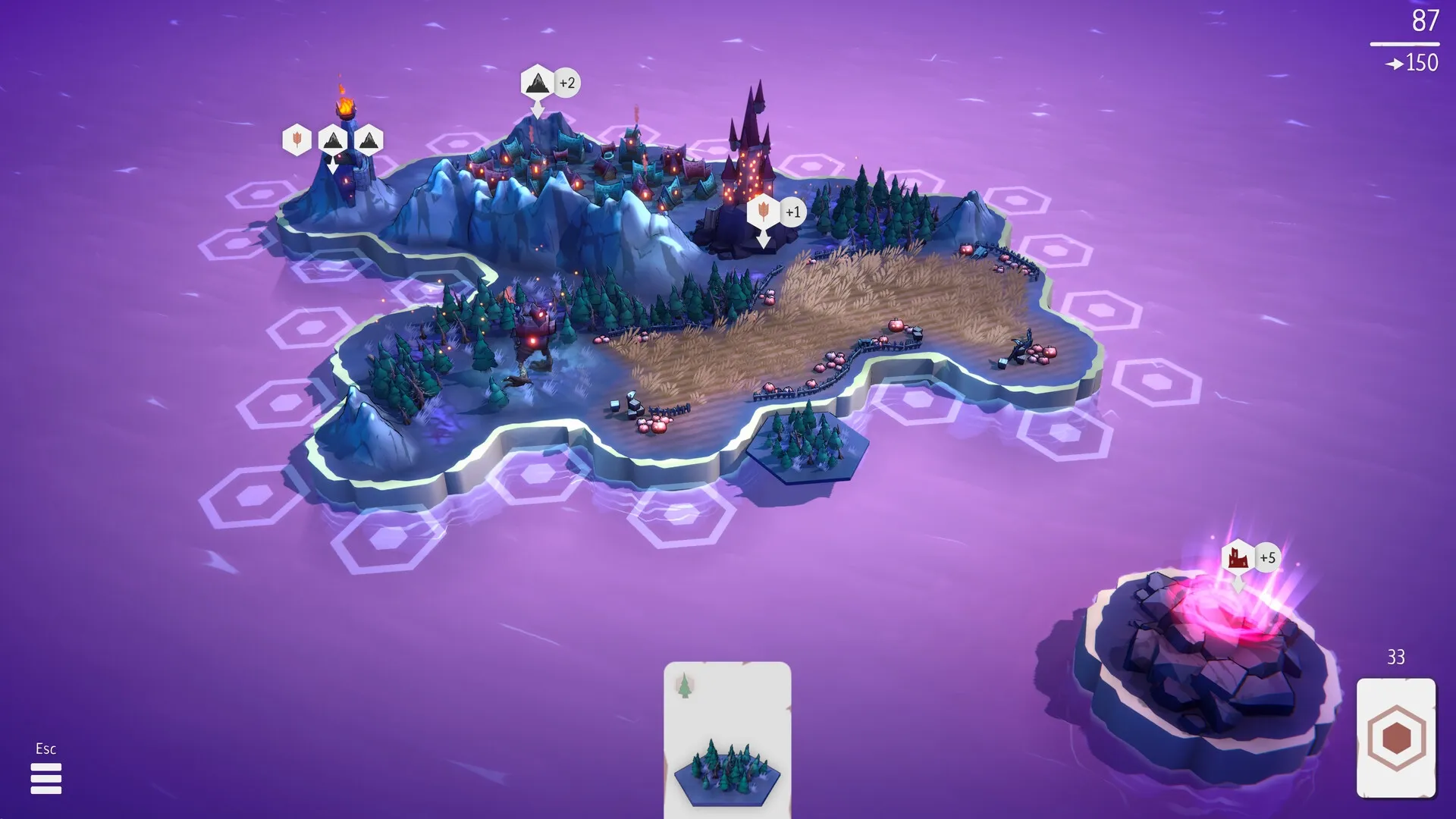 Fangtopia: Island with spooky castle, trees, and ghost train tracks surrounded by glowing hexagonal water