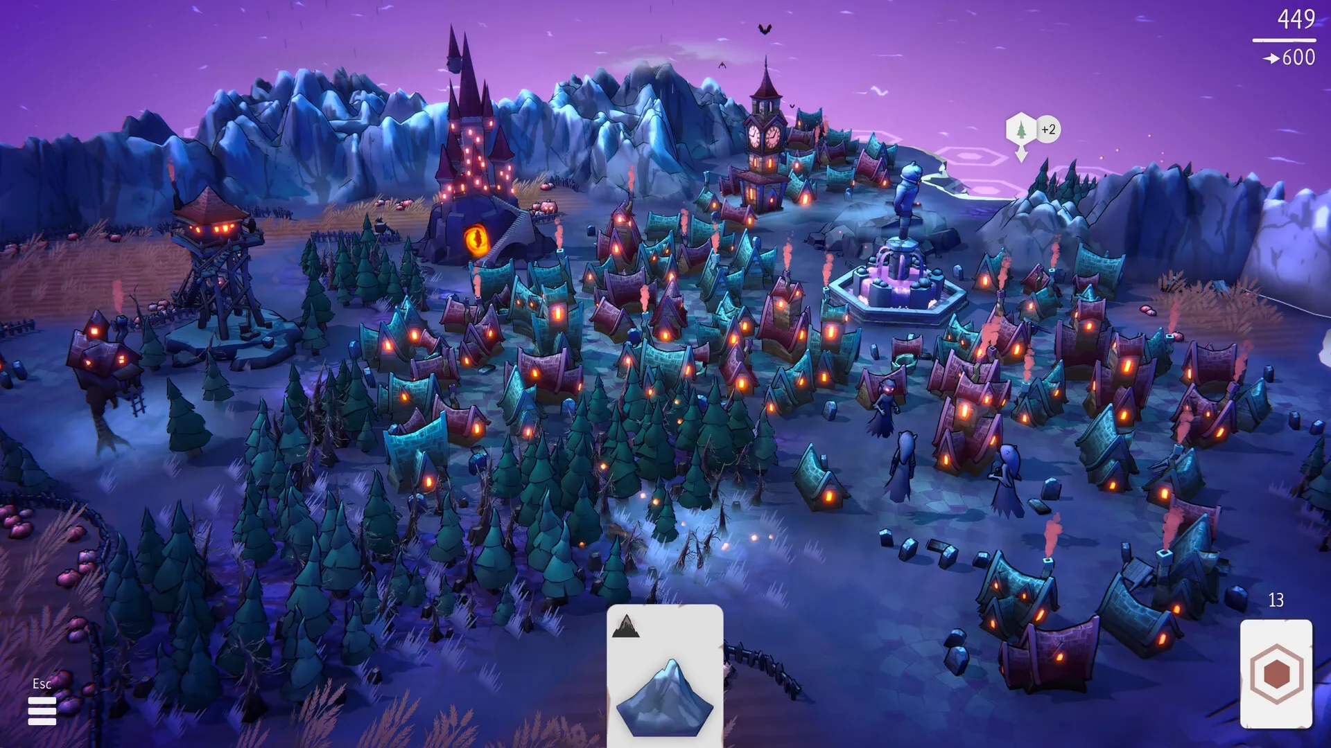 Fangtopia: Overhead view of a spooky village with glowing houses, trees, and a distant mountain backdrop