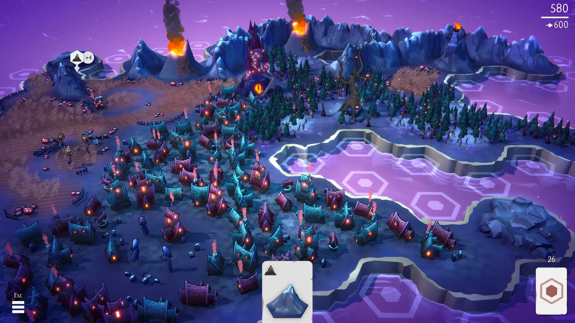 Fangtopia: Village with glowing houses, forests, and erupting volcanoes under a purple sky