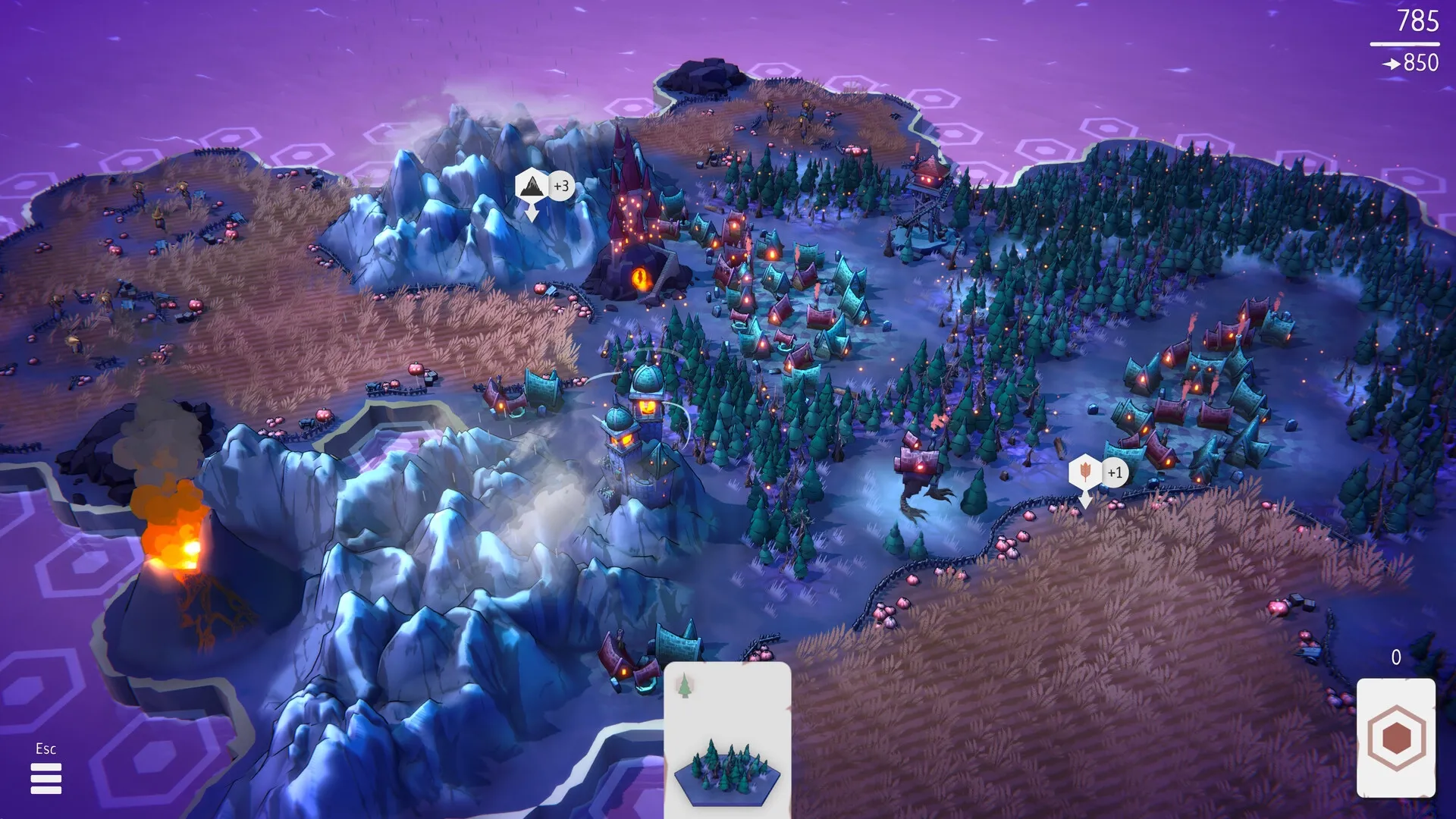 Fangtopia: Expansive landscape with eerie villages, glowing volcano, and snowy mountains in twilight.