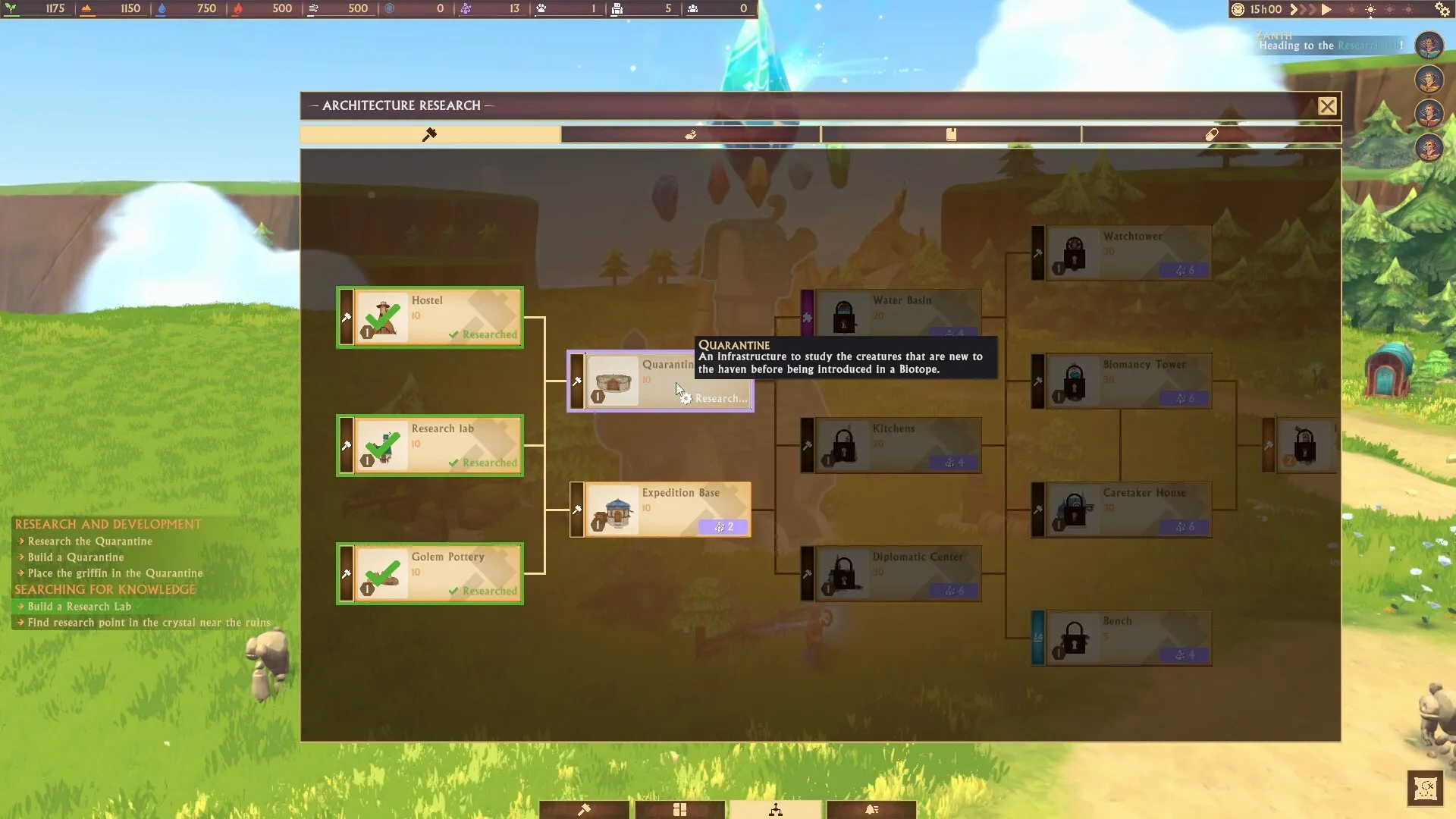 Fantastic Haven: Research menu for architecture with quarantine and research lab options in grassy landscape