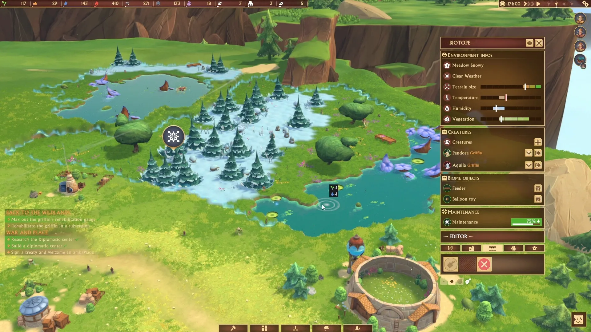 Fantastic Haven: Managing biotope settings with snowy meadow and pond in a lush fantasy landscape
