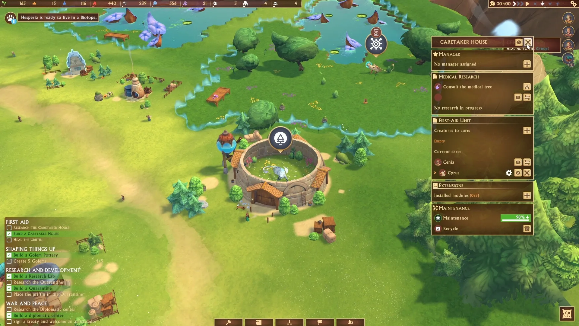 Fantastic Haven: Caretaker house interface with tasks list in lush green meadow setting