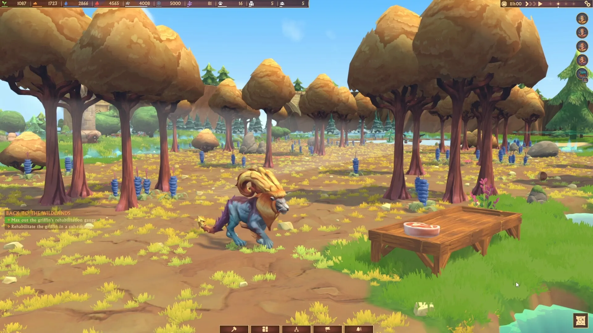 Fantastic Haven: Griffin roams vibrant forest near wooden table, resources and tasks displayed at top