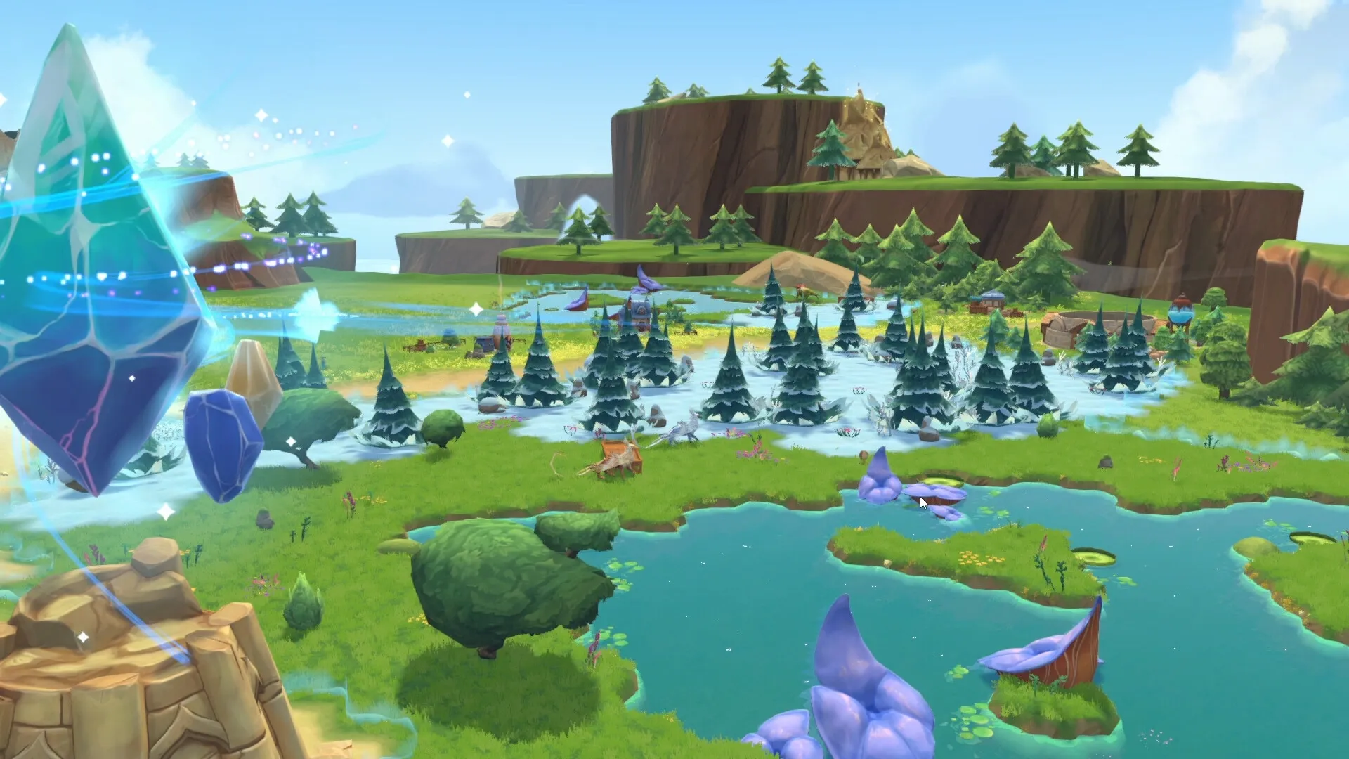 Fantastic Haven: Magical crystal formation in a lush forest landscape with rivers and scattered trees