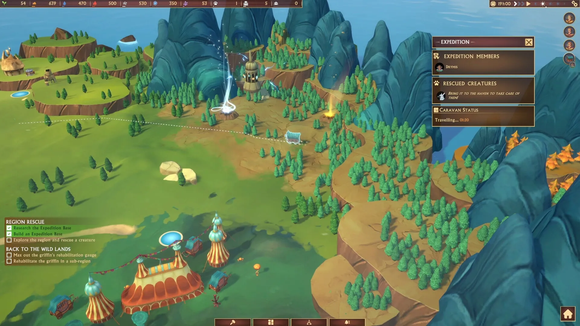 Fantastic Haven: Caravan travels through lush landscape with expedition and rescue mission details displayed