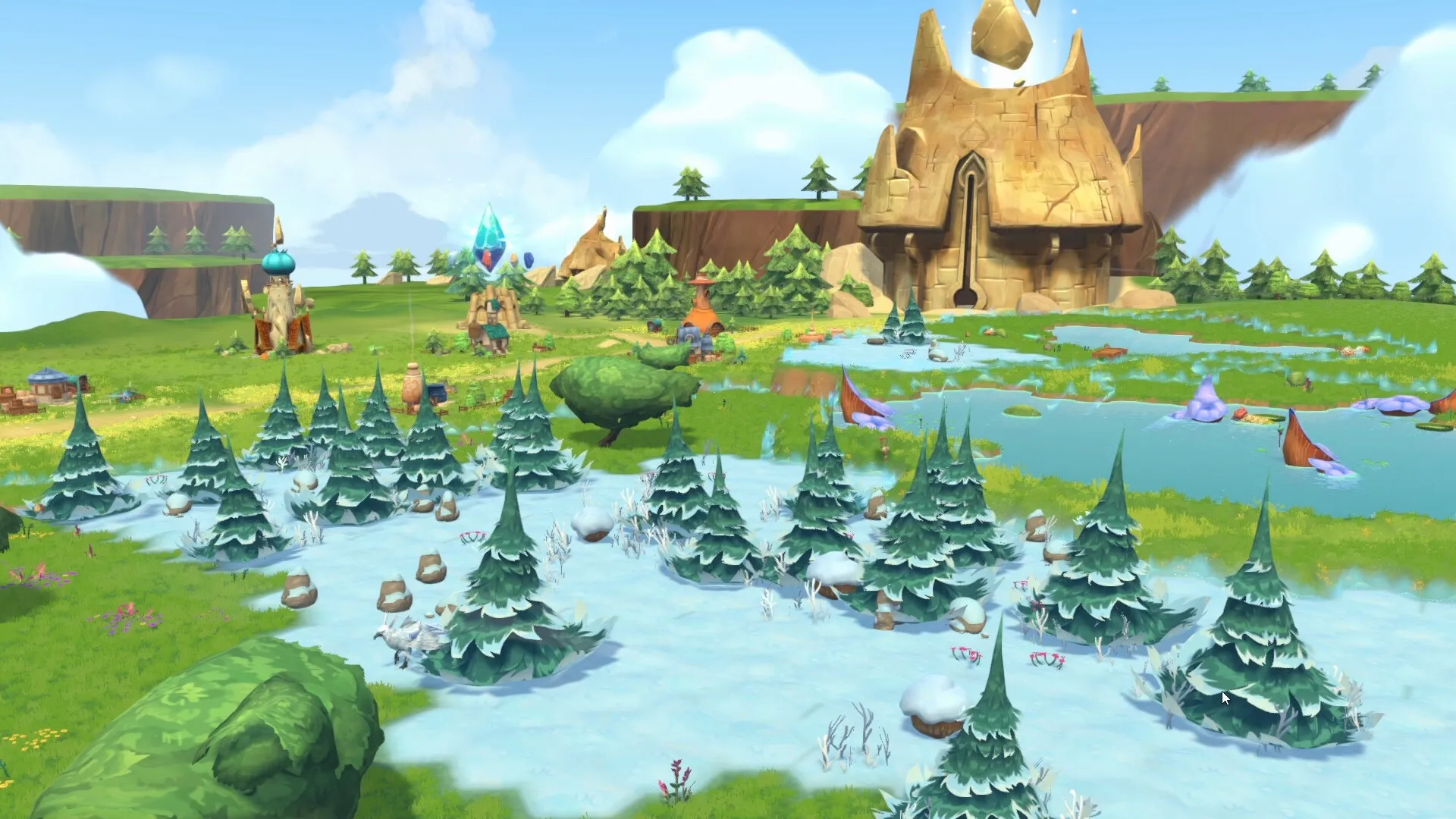 Fantastic Haven: Snow-covered forest with crystal structures and mysterious building in vibrant landscape