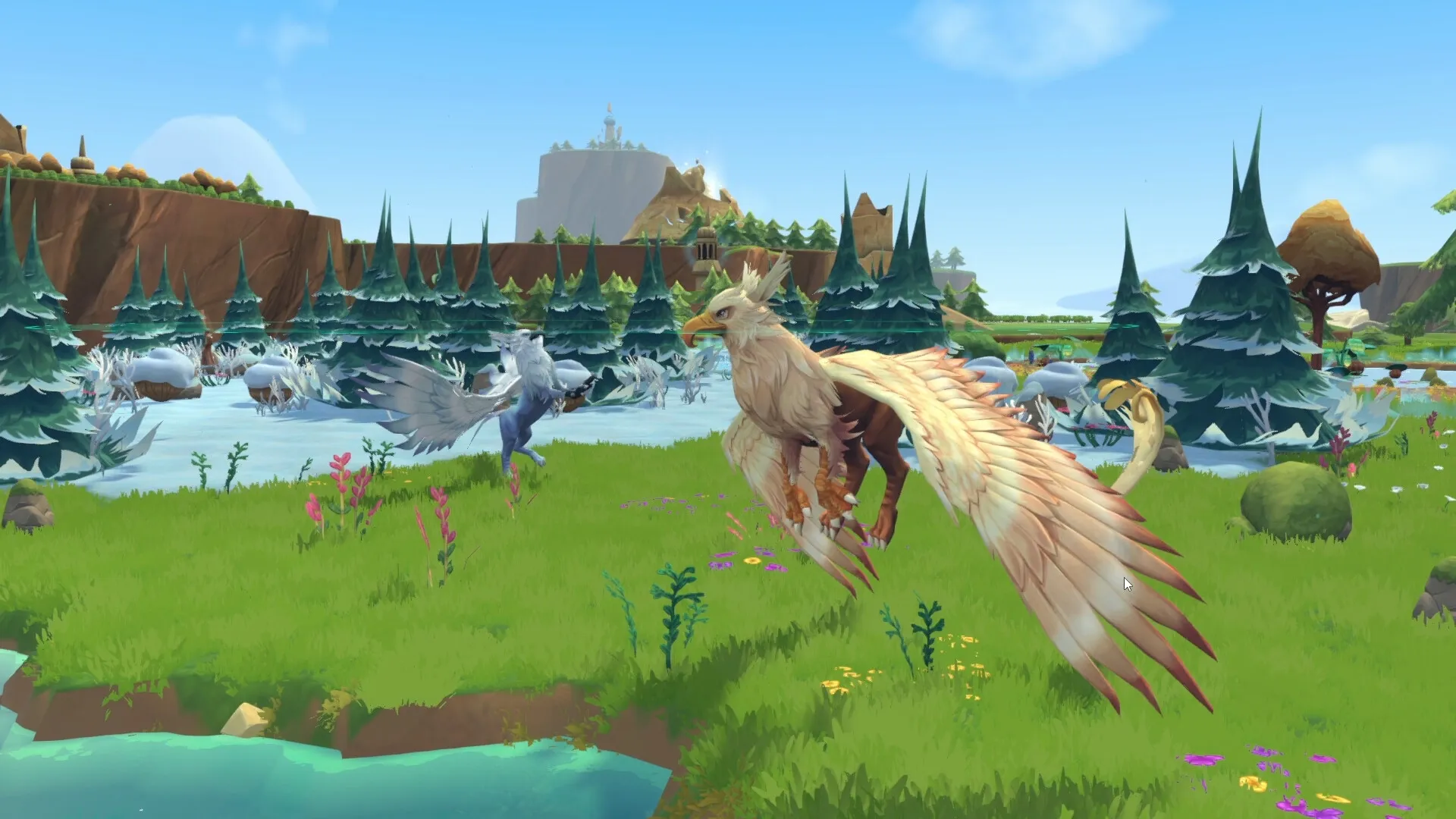 Fantastic Haven: Griffins and other creatures roam a lush meadow near a serene, snowy forest.