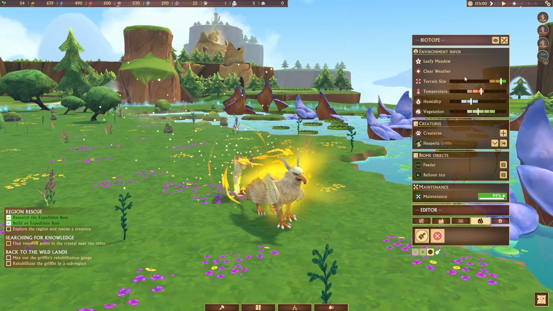 Fantastic Haven: Hesperia Griffin in leafy meadow with environment info and tasks displayed