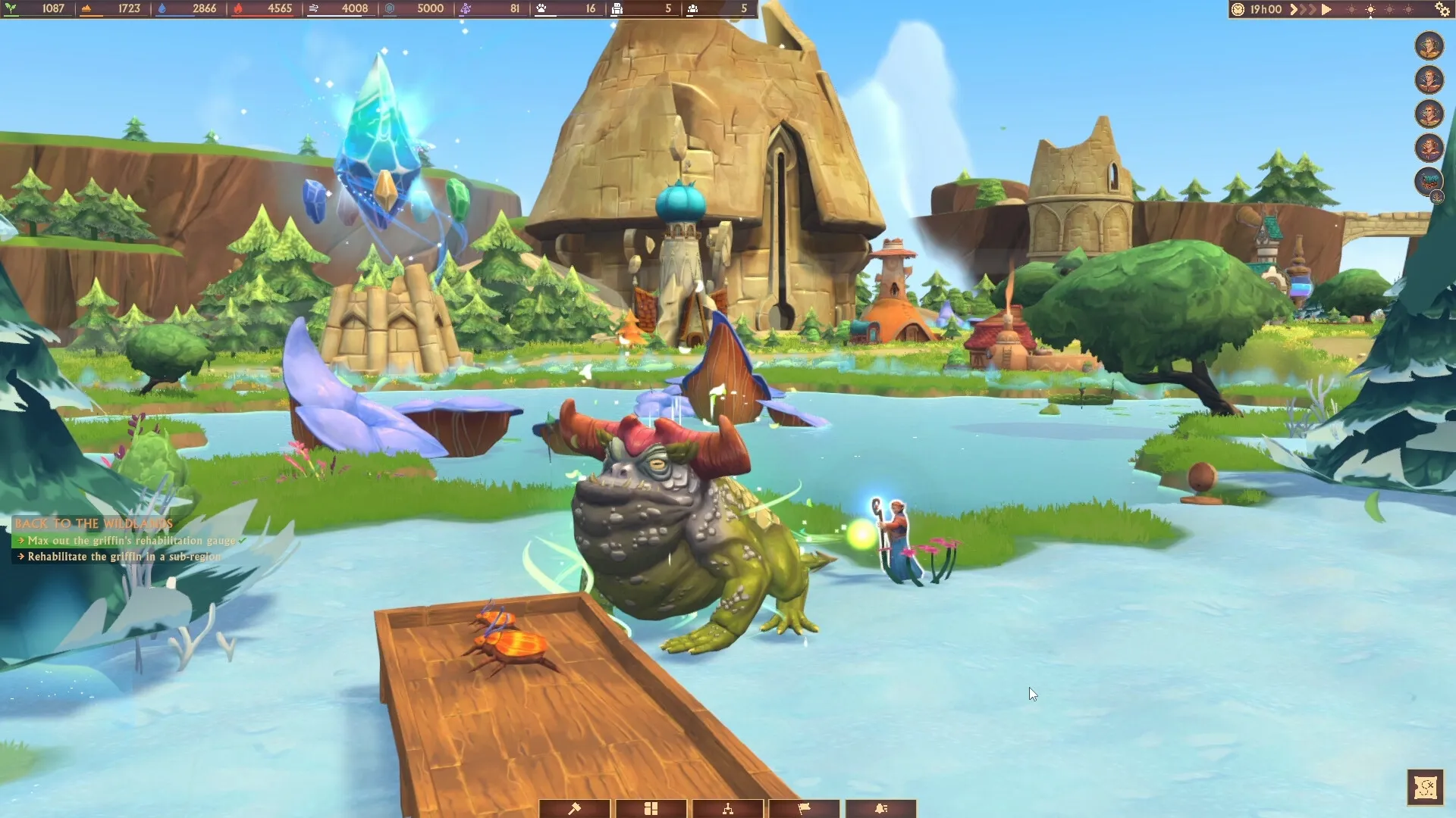 Fantastic Haven: Giant toad creature near magical crystal in lush forest village setting