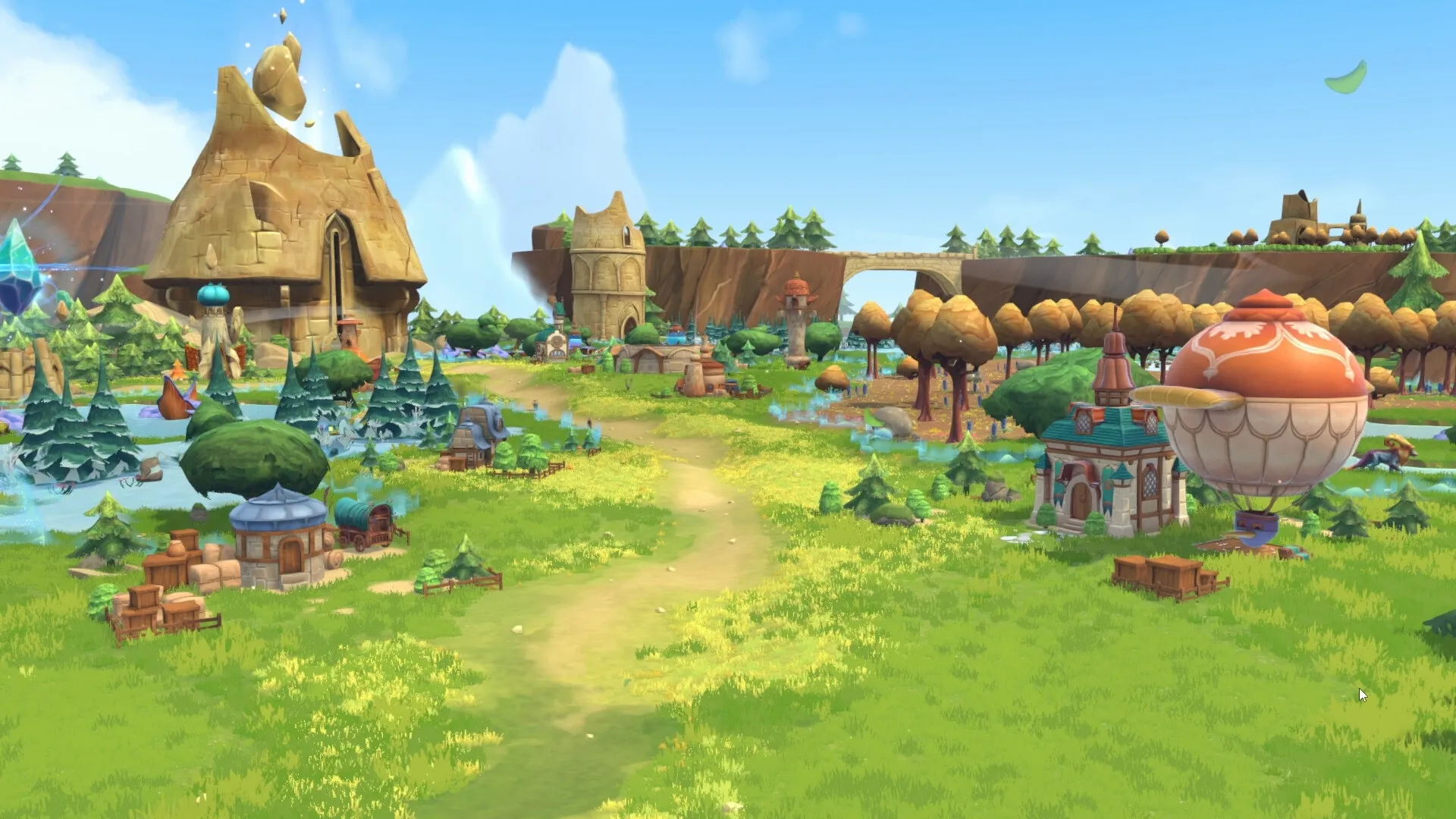 Fantastic Haven: Village overview with fantasy buildings, airship, and lush greenery in a vibrant landscape