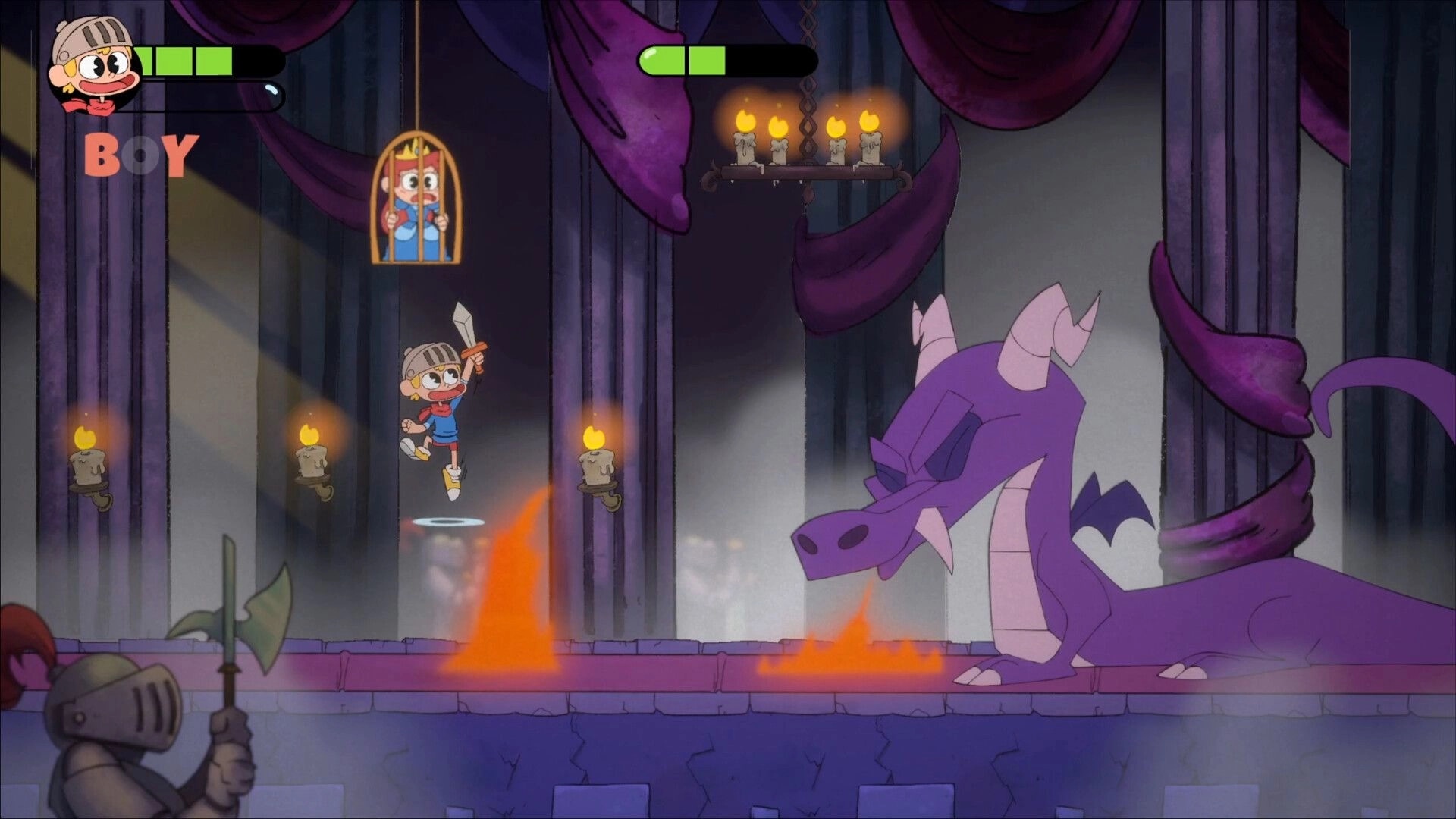 Fantasy Boy: Boy jumps with sword facing purple dragon in castle dungeon with candles and cage overhead