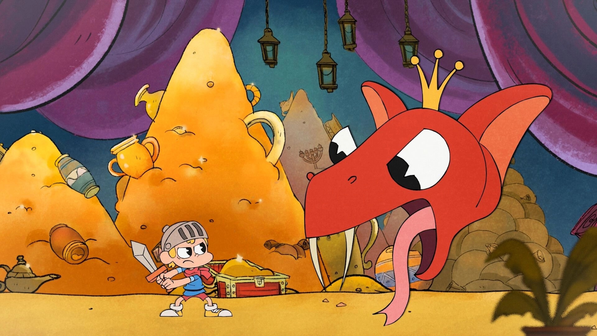 Fantasy Boy: Boy confronting a giant crowned snake in a treasure-filled cavern environment