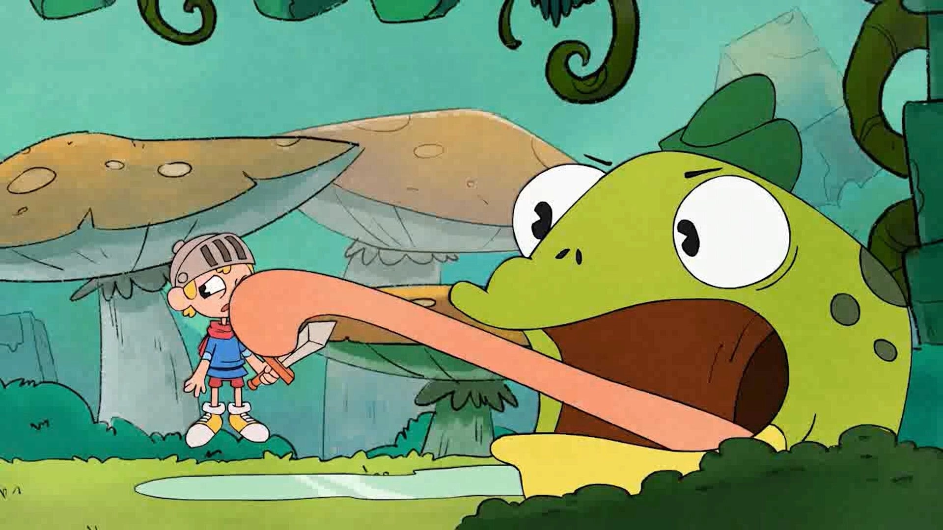 Fantasy Boy: Boy caught by giant frog tongue in a vibrant forest with large mushrooms and greenery