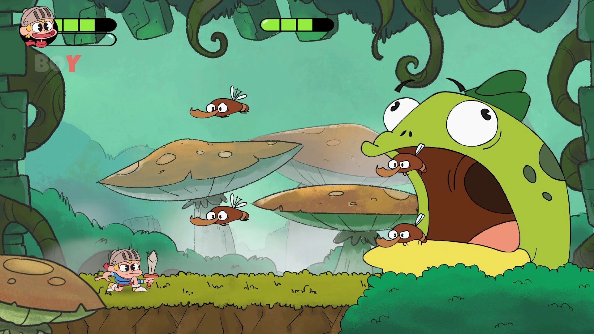 Fantasy Boy: Boy battles flying creatures in mushroom forest while giant frog looms nearby