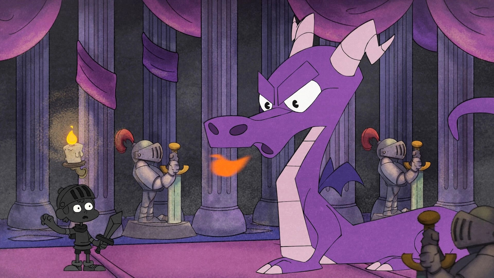 Fantasy Boy: Boy faces a purple dragon in a grand hall with stone knight statues and purple drapes.
