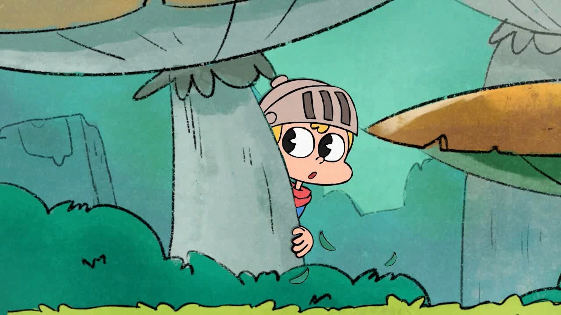 Fantasy Boy: Boy peeking from behind a large mushroom in a colorful forest environment